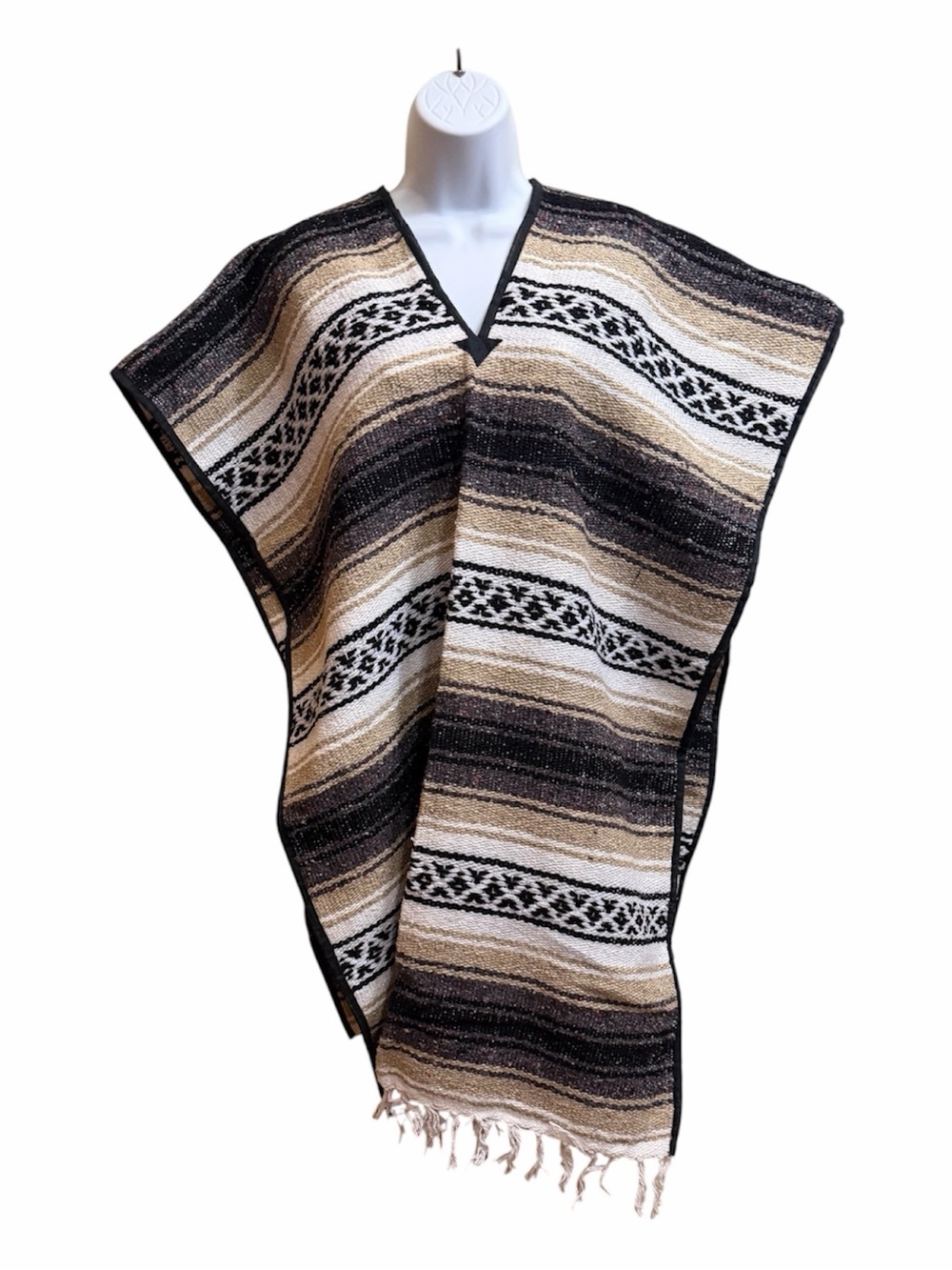 Striped Black and Tan Woven Mexican Poncho